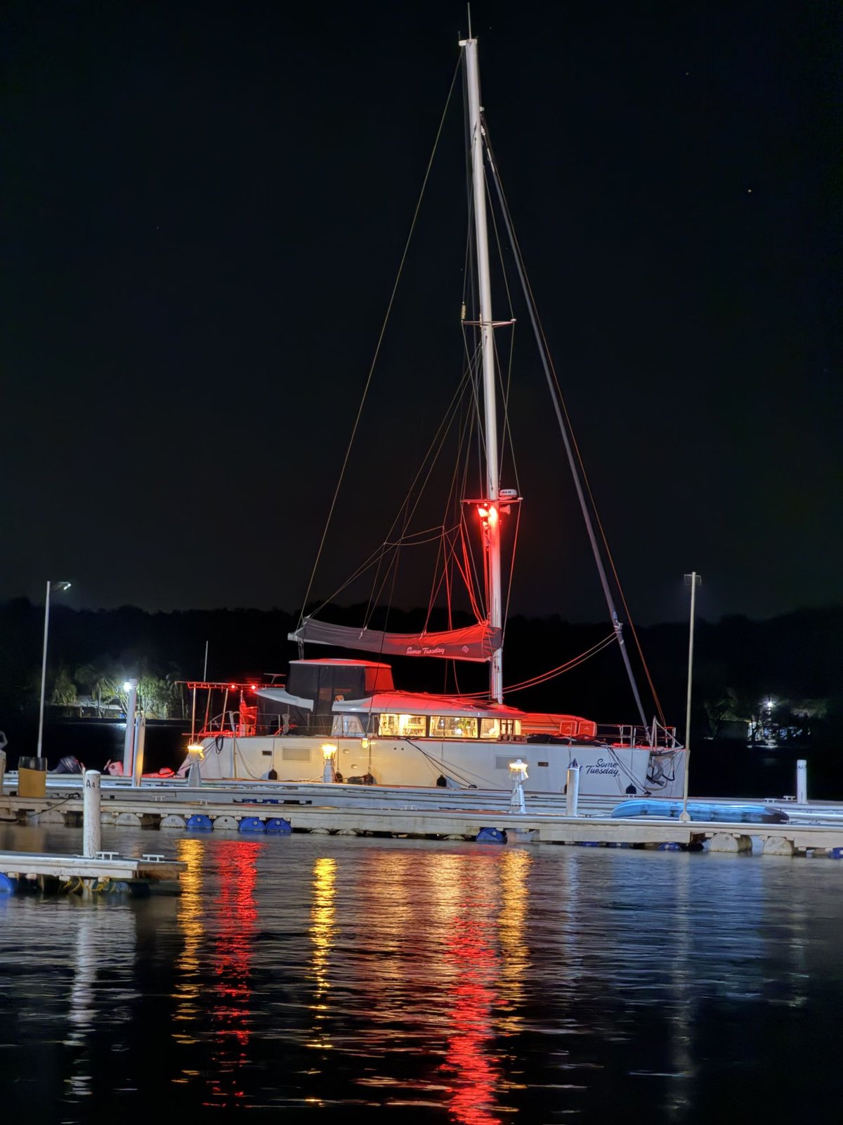 Some Tuesday at night, tied to the dock at the Bahía del Sol marina, seen from the resort restaurant