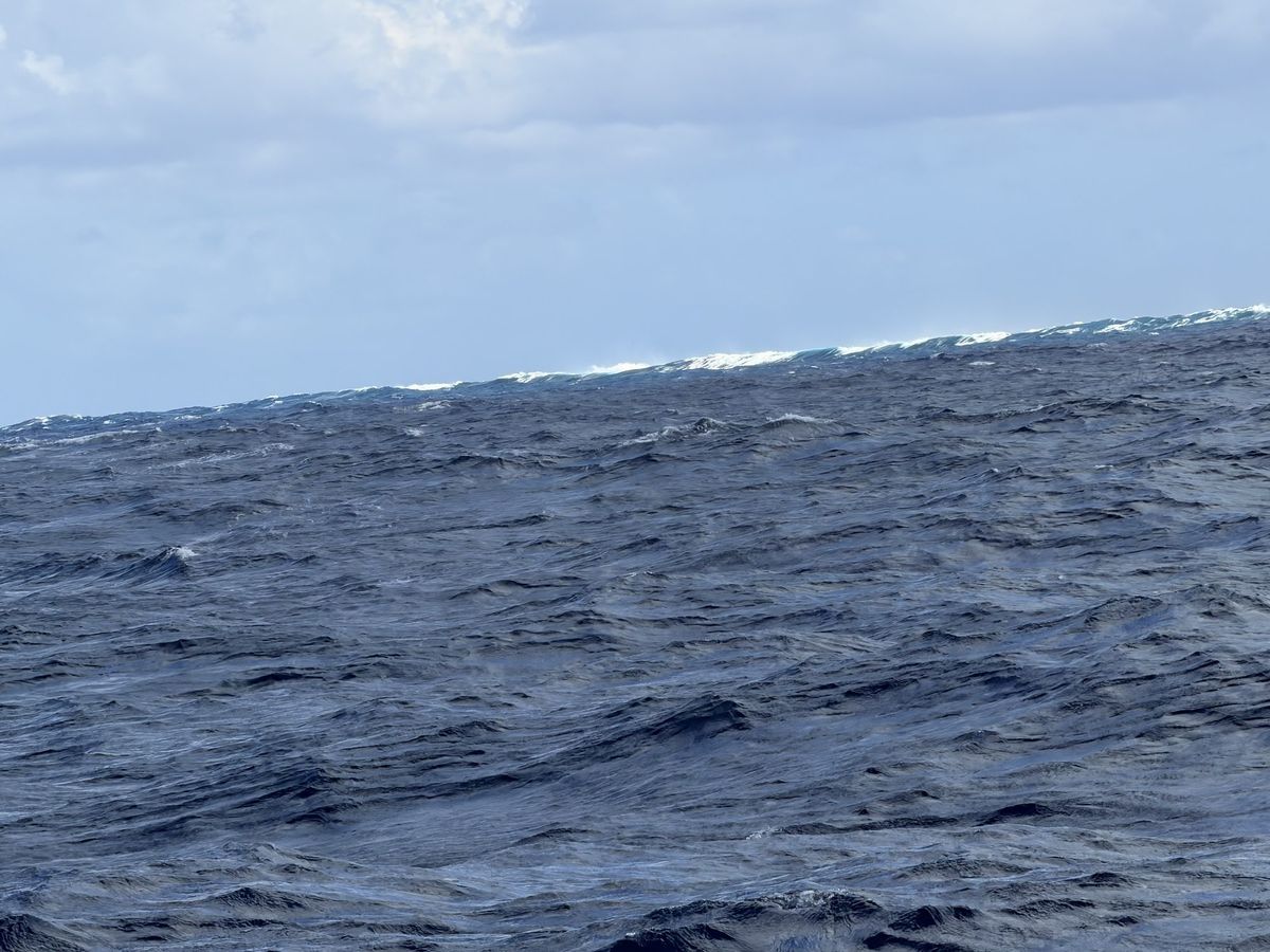 A line of white breakers on the horizon, with dark blue water in front and no land in sight
