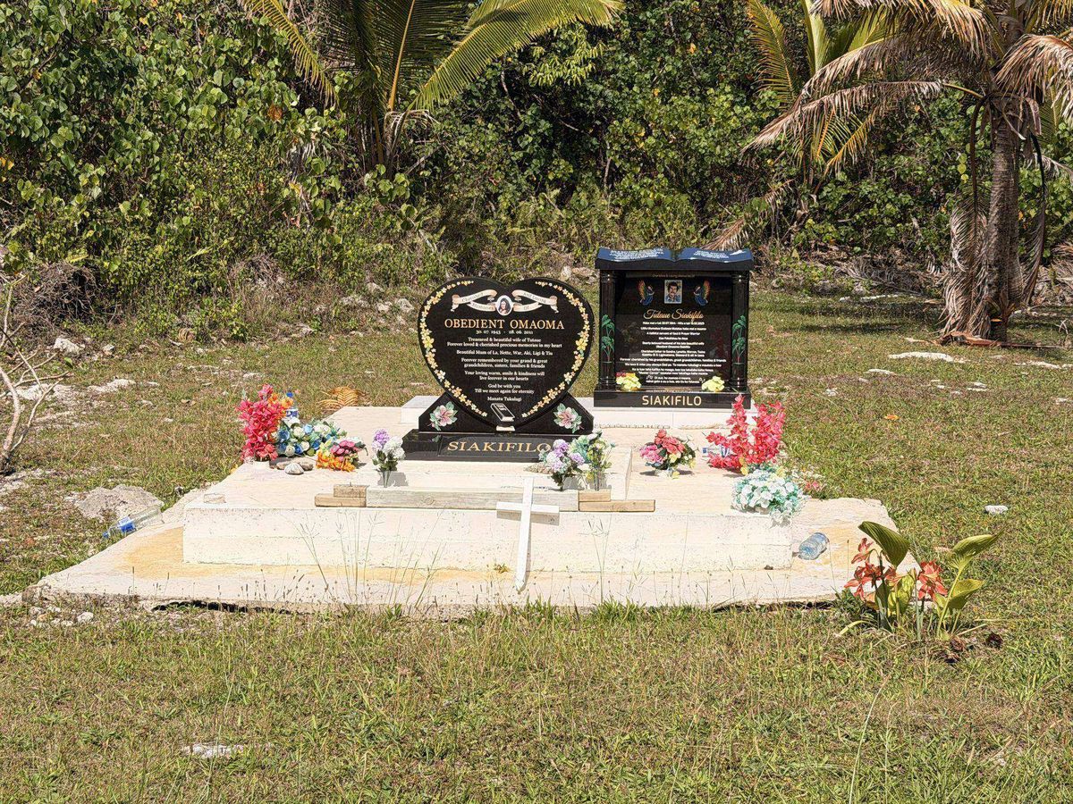 Two black grave markers with flowers, on a concrete slab in the grass, with palm trees behind