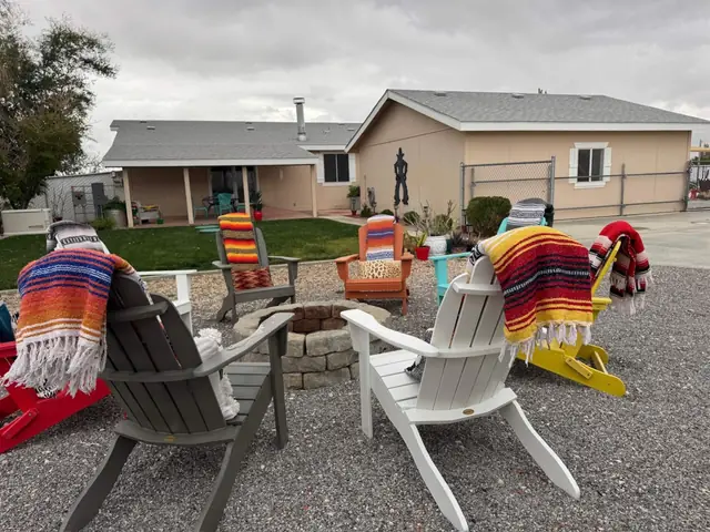 Fire pit seating with the ranch house and lawn behind