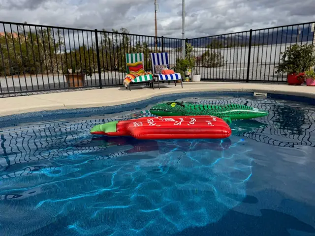 Pool floats drifting in the deep end with desert beyond the fence